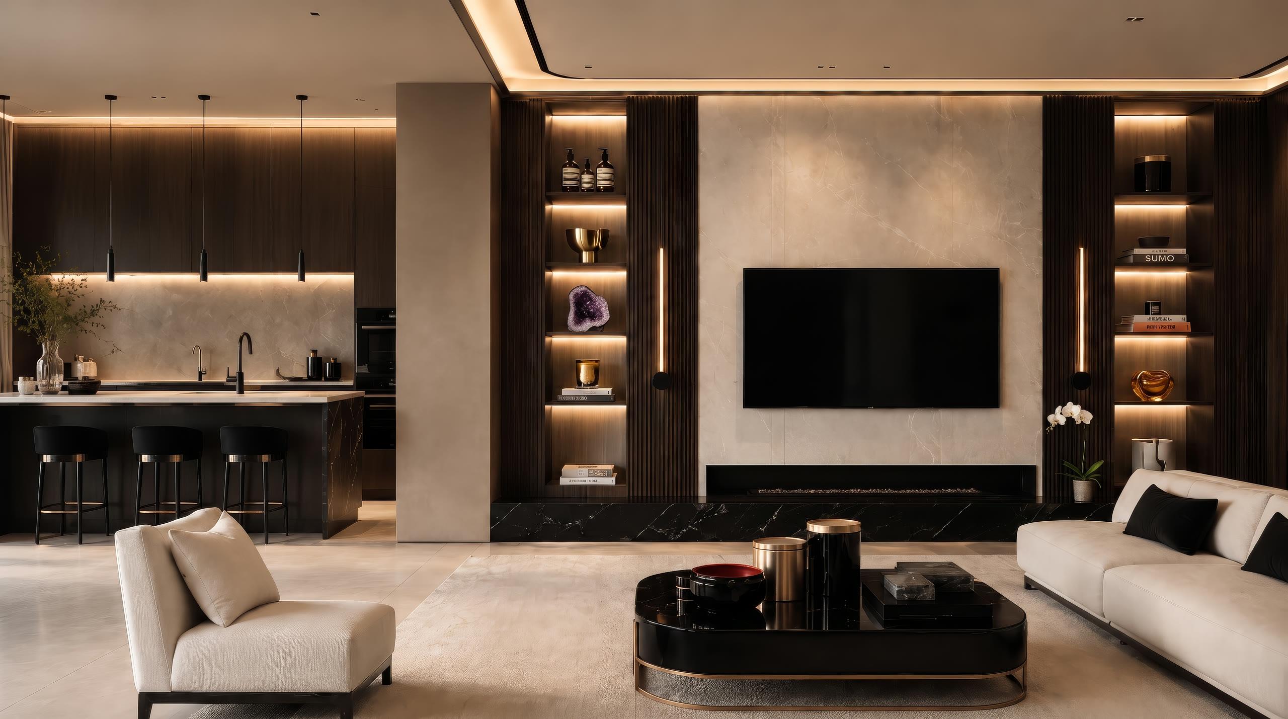 Custom luxury statement wall with backlit stone, integrated fireplace, and the Dallas skyline beyond floor-to-ceiling glass.